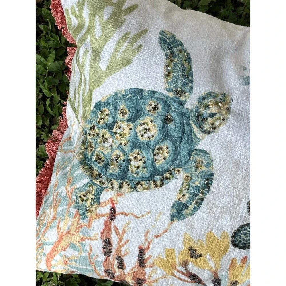 Coastal Collection Nautical Beach Beaded Pillow 14x24 Green Sea Turtle Coral
